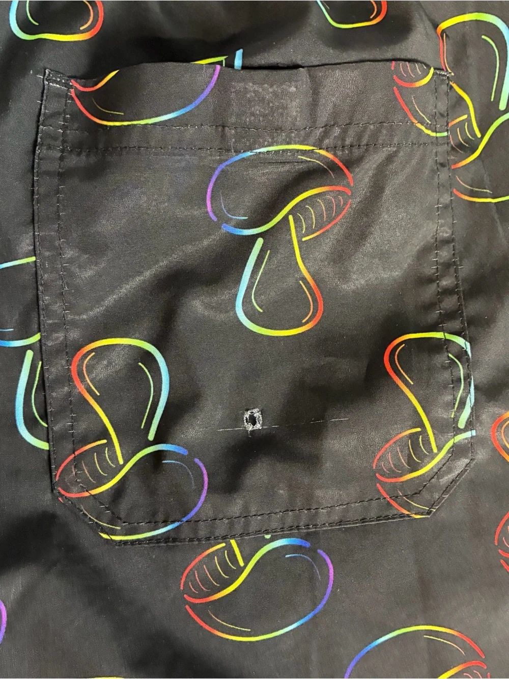ENNEA Swim Trunks Men’s XL  Black Multicolor Mushroom Mesh Lining 3 Pockets Flaw